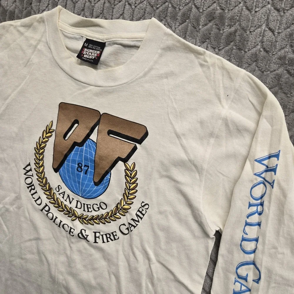 VTG 1987 World Police Fire‎ Games San Diego LS T-Shirt & Shorts White Medium